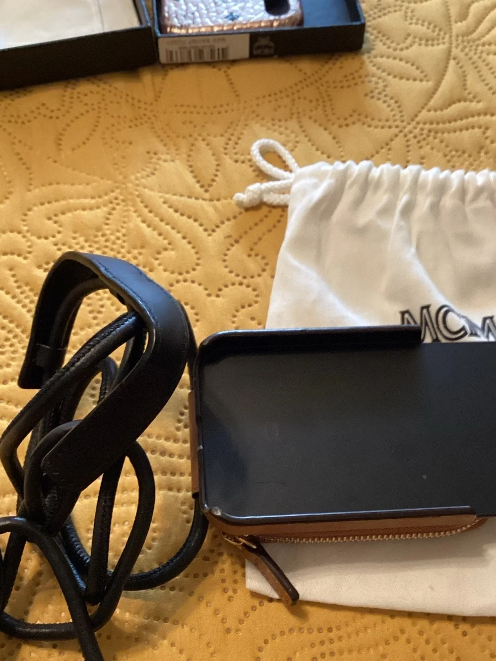 MCM Cognac Monogram Leather Zip Phone Pouch